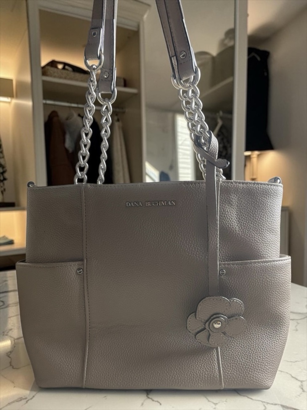 Dana Buchman Taupe Pebbled Leather Shoulder Tote with Flower Charm - Picture 1 of 7